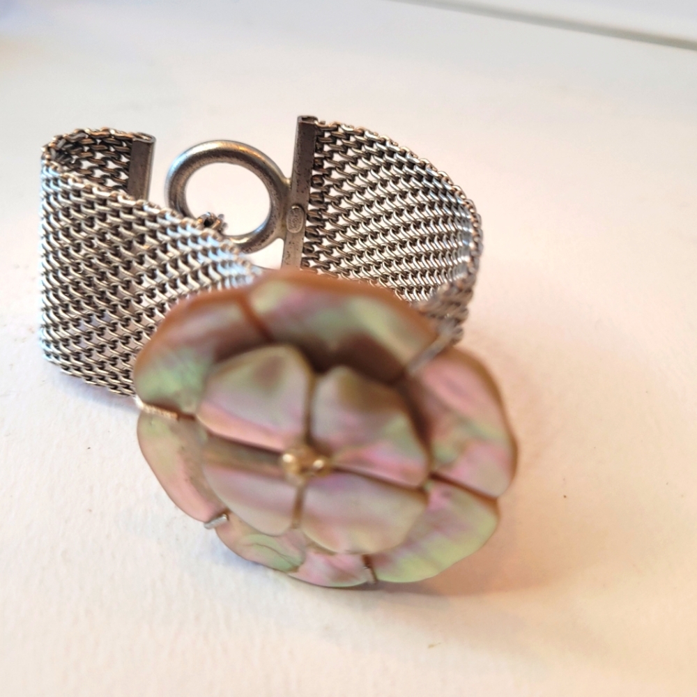 Rare Chanel Silver Mesh Camellia Mother of Pearl Bracelet Cuff Bangle